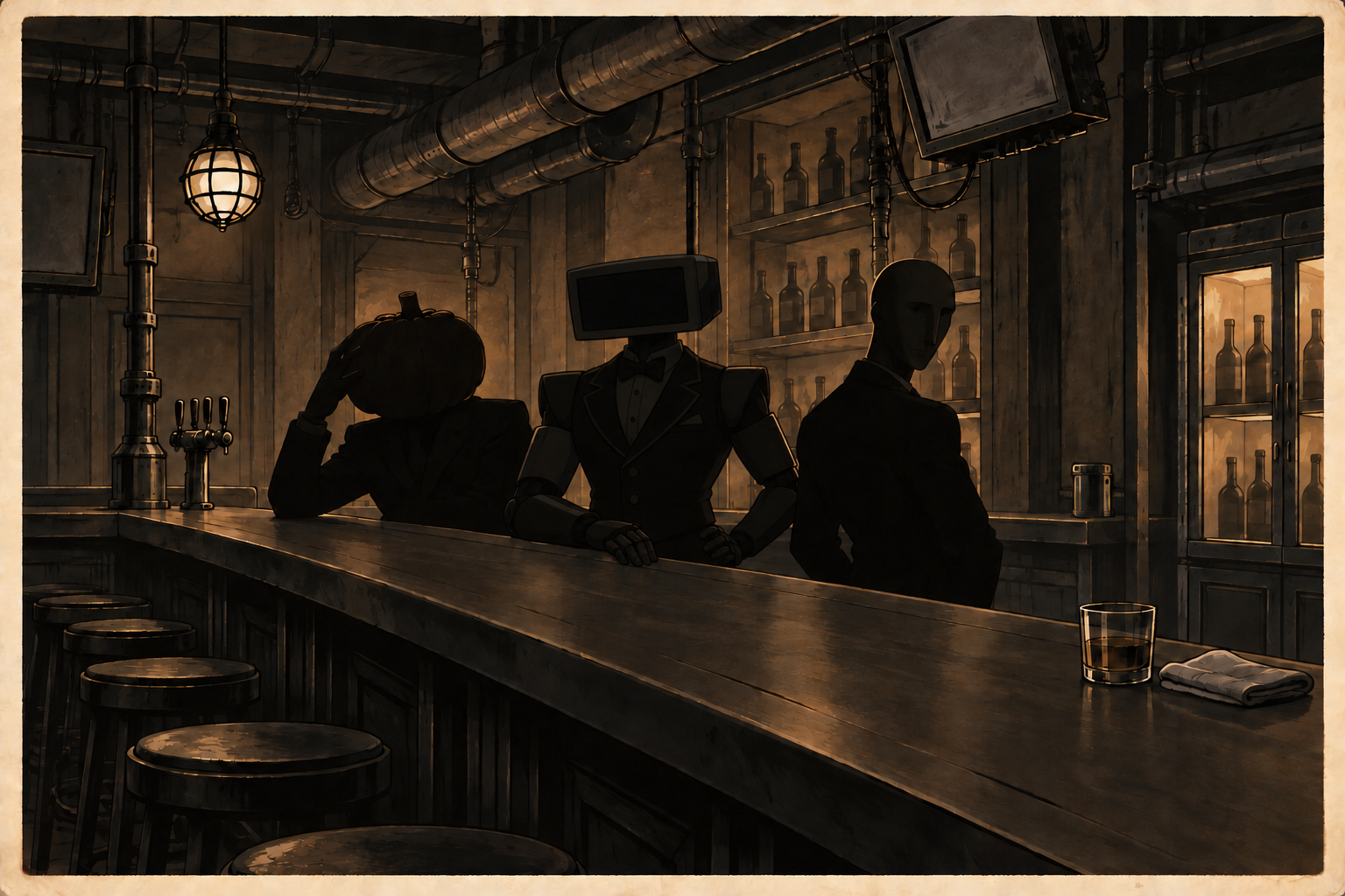 Les silhouettes des barmen dans leur bar.