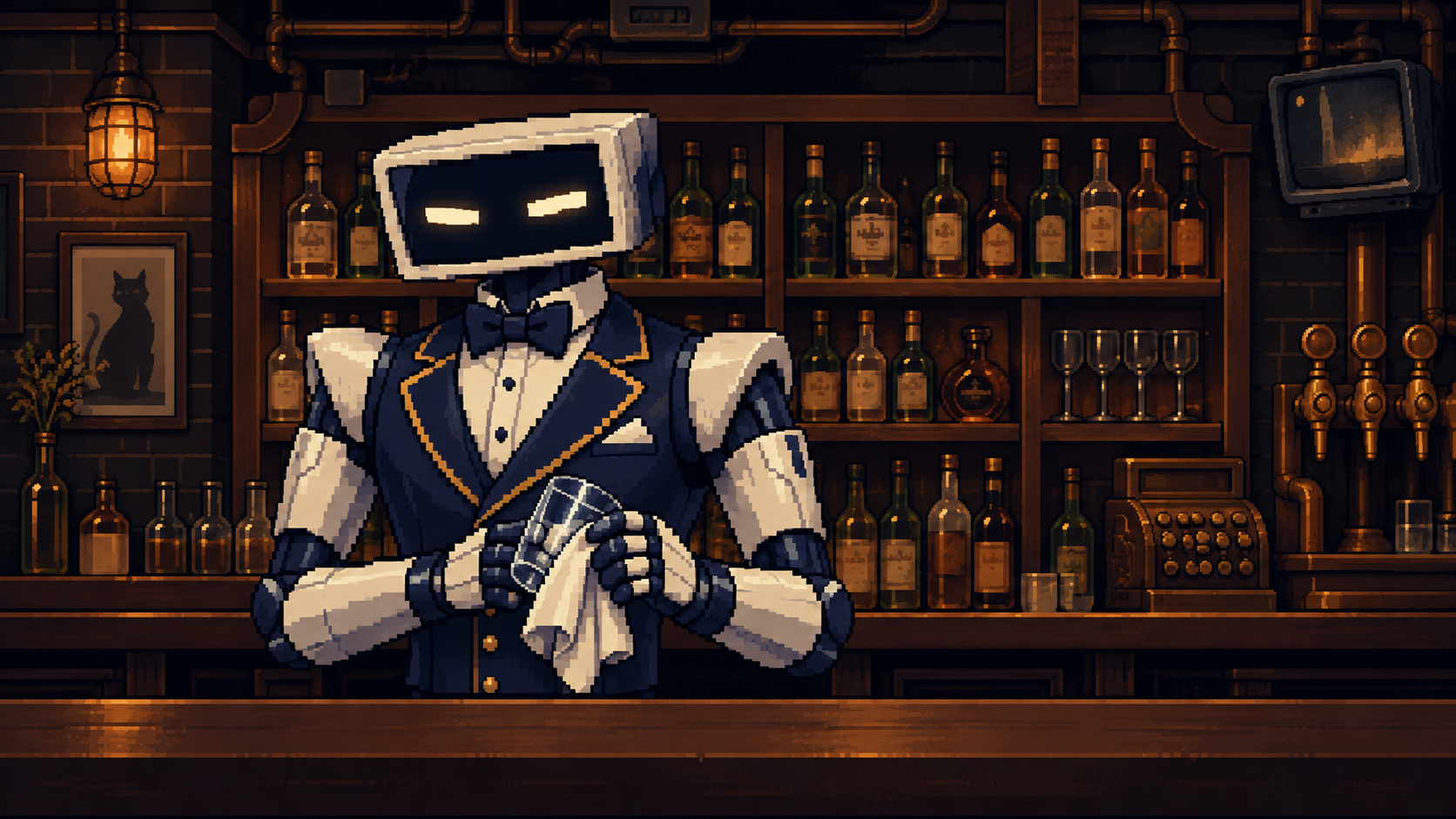 Marc, le barman robot, essuie un verre derrière le comptoir du Hall 7, dans un bar de bois sombre et de laiton éclairé par des lampes ambrées.